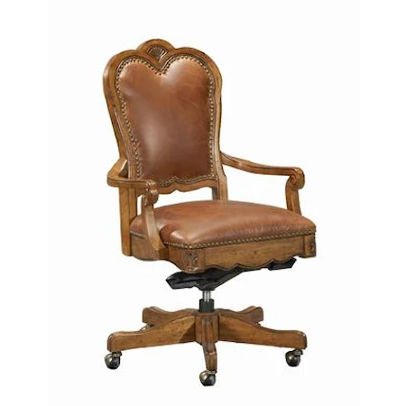 European Memoires Collection Rolling Desk Chair with Exposed Wood Arms and Exposed Wood Five Star Base